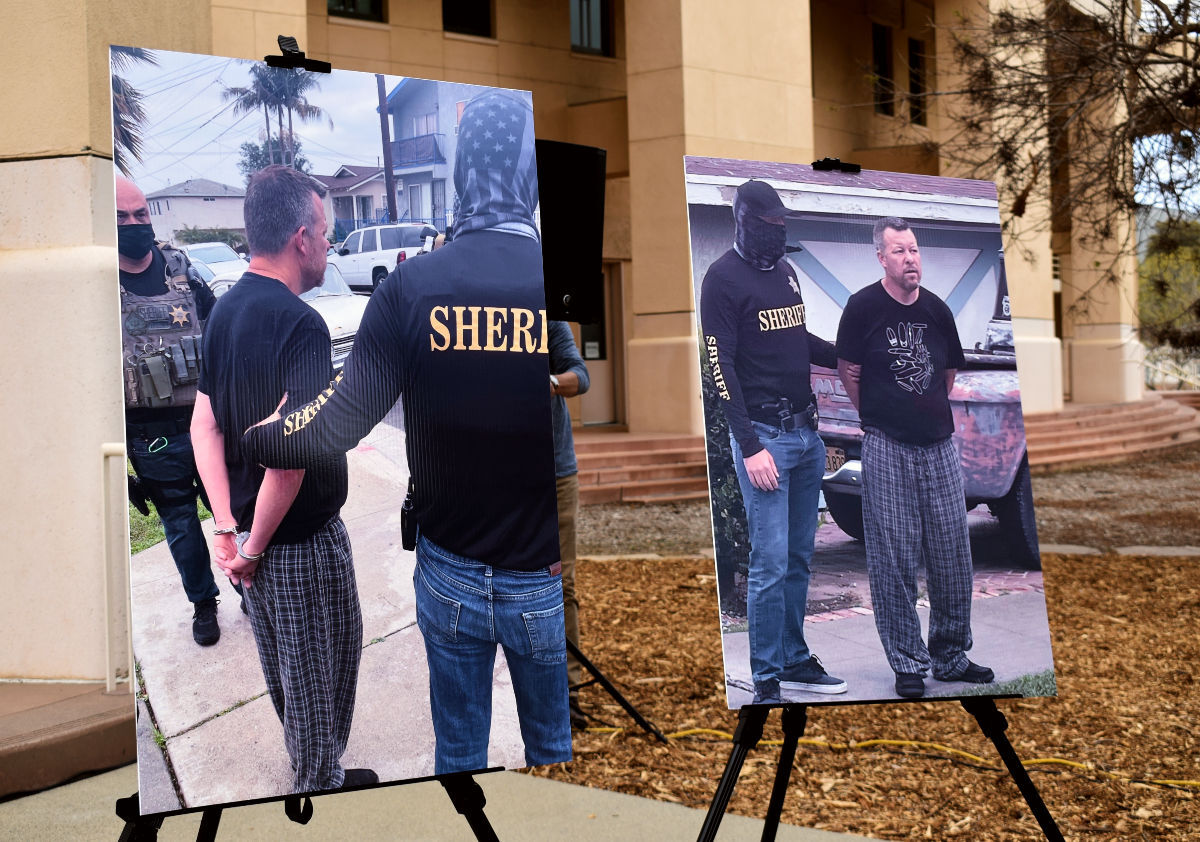 Photos of the Paul Flores arrest was displayed at the press conference in Cal Poly in San Luis Obispo.